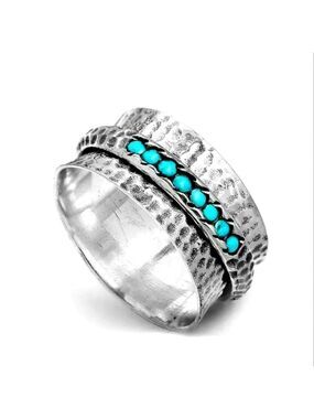 Boho Style Wide Ring Hammered Inlaid Turquoise Rotatable Design For Releasing